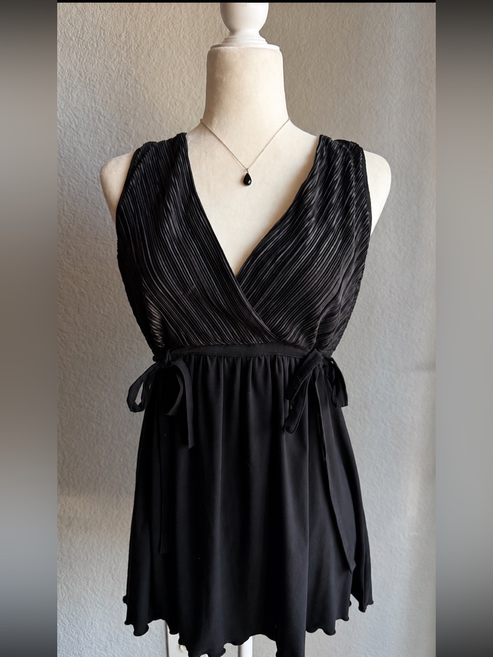 Black Pleated V-Neck Women's Dress
